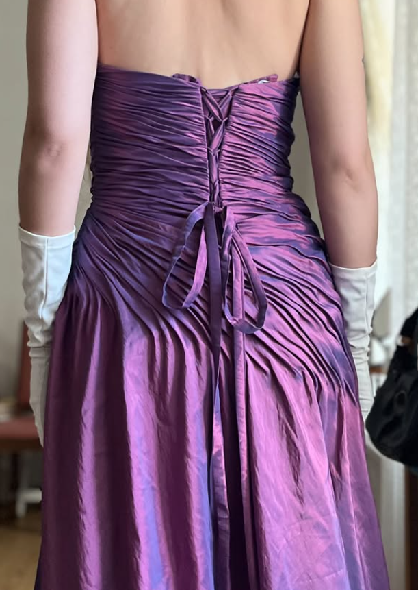 Vintage A Line Strapless Pleated Purple Satin Prom Dress Evening Dress DP5721