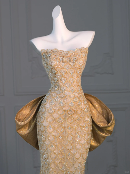 Golden Sheath Strapless Beaded Satin Long Party Dress Evening Dress with Slit DP2594