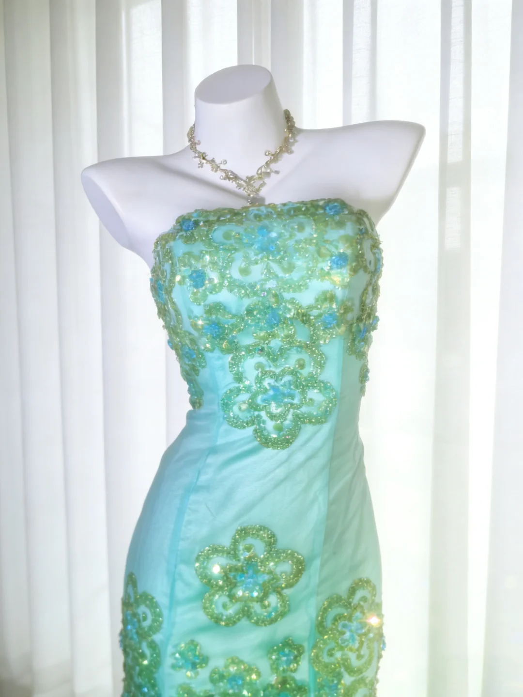Dreamy Blue Vintage Mermaid Strapless Beaded Tulle Prom Dress Party Dress DP5009