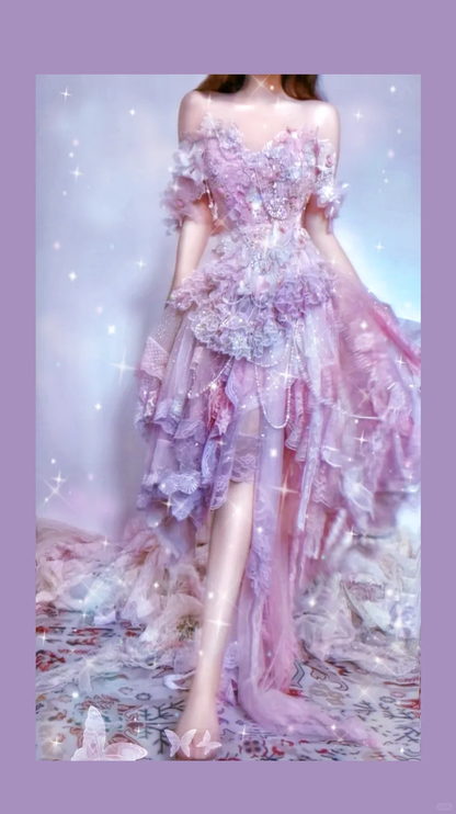 Purple A Line Off the Shoulder Floral Beaded Layered Tulle Prom Dress 16th Birthday Dress DP3769