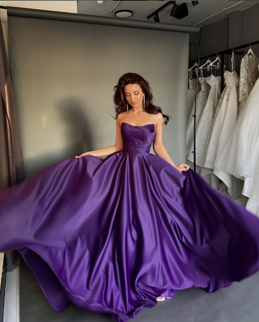 Simple Dark Purple A Line Strapless Satin Long Prom Dress Evening Dress DP3080