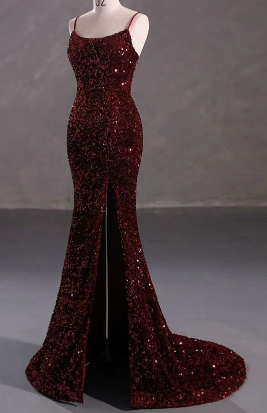 Sexy Burgundy Sequin Backless Long Slit Prom Dress Mermaid Evening Dress DP010