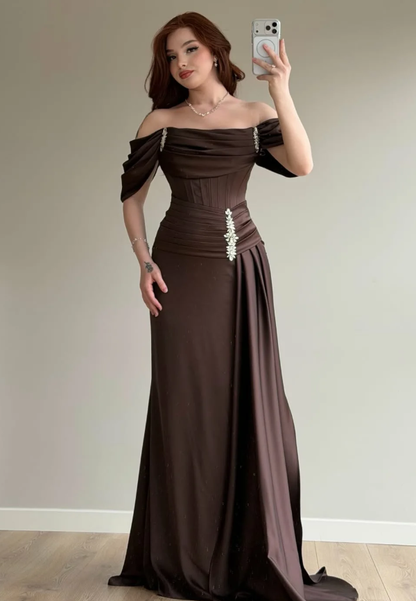 Elegant Brown A Line Off the Shoulder Satin Prom Dress Date Dress DP5090