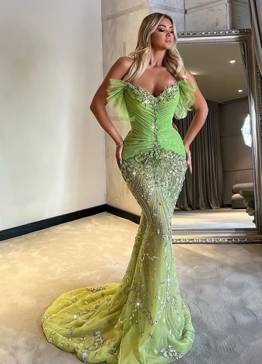 Summer Green Mermaid Sweetheart Neck Shiny Rhinestone Tulle Prom Dress Evening Dress DP5935