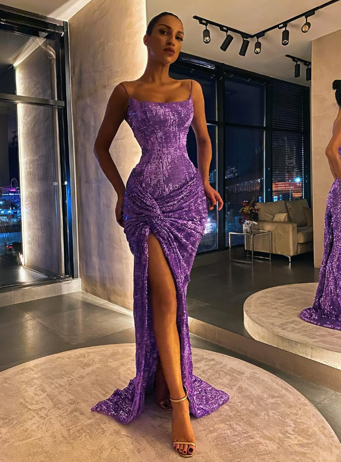 Sexy Sheath Spaghetti Strap Purple Sequin Prom Dress Evening Dress with Slit DP5605