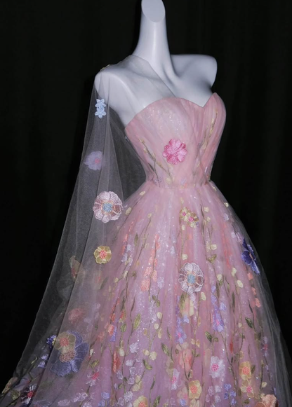 Sweety Ball Gown Sweetheart Neck Pink Embroidery Tulle Prom Dress Quinceanera Dress DP6609