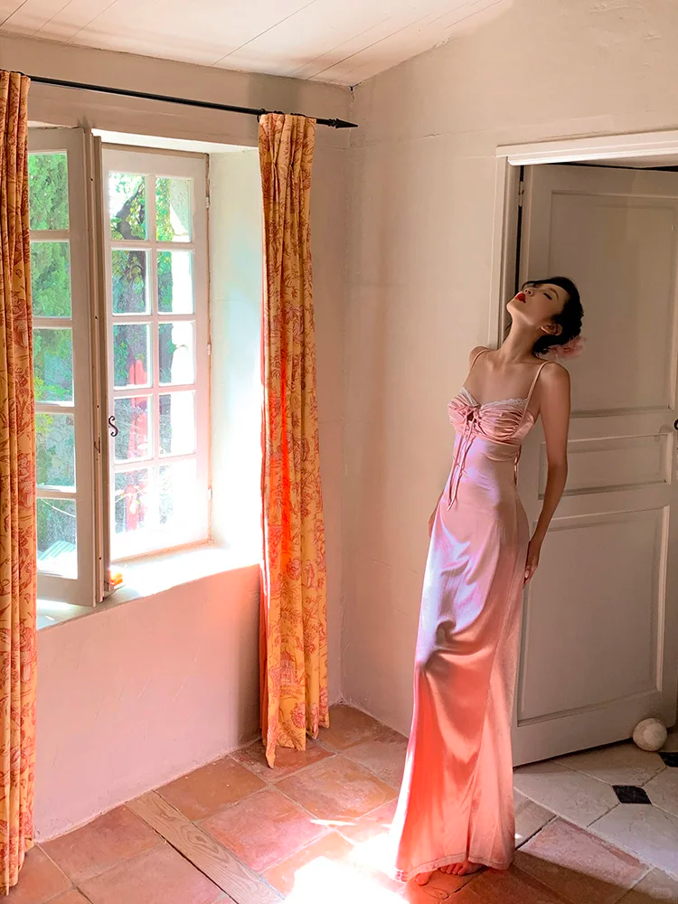 Peaches Pink Sheath Spaghetti Strap Satin Long Prom Dress Evening Dress DP3871