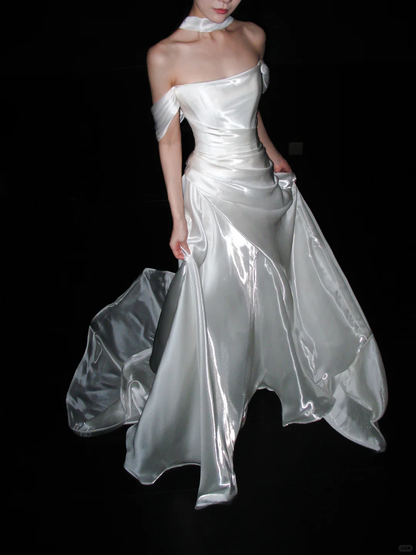 Elegant A Line Off the Shoulder White Pleated Satin Long Wedding Dress DP8105