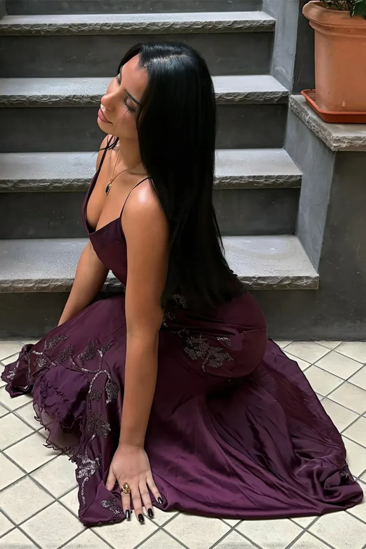 Dark Purple Mermaid Spaghetti Strap Beaded Satin Ball Gown Graduation Prom Dress DP4841