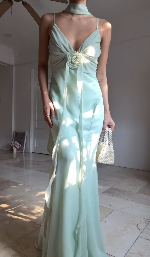 Romantic Mermaid Spaghetti Straps Ruffle Light Green Chiffon Graduation Prom Dress DP4873