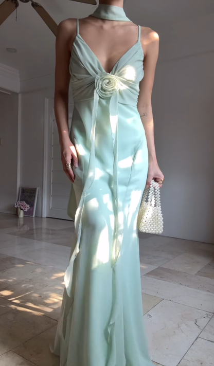 Romantic Mermaid Spaghetti Straps Ruffle Light Green Chiffon Graduation Prom Dress DP4873