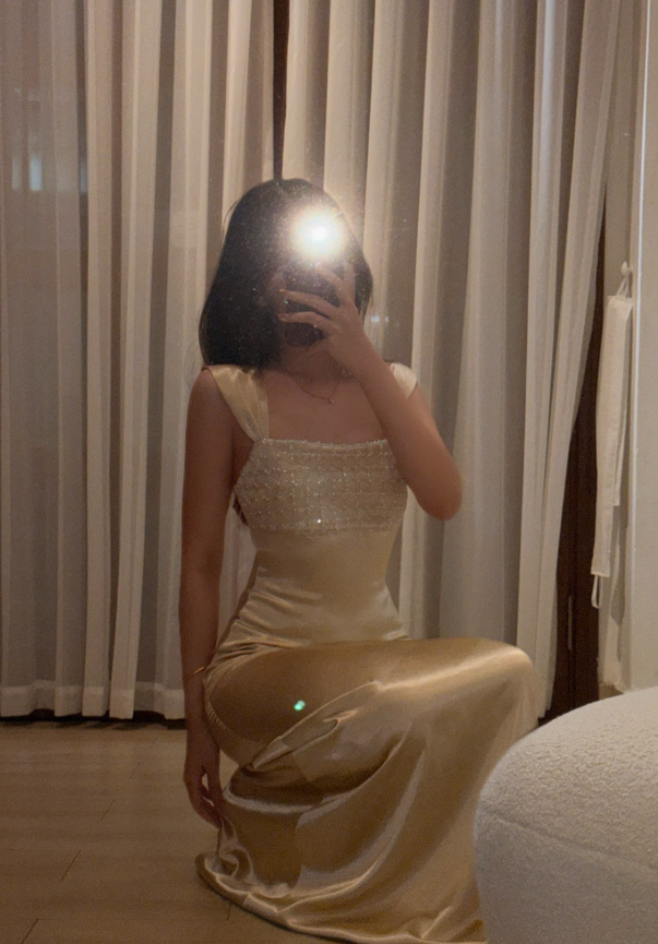 Champagne A Line Strap Exquisite Beaded Satin Prom Dress Evening Dress DP7917