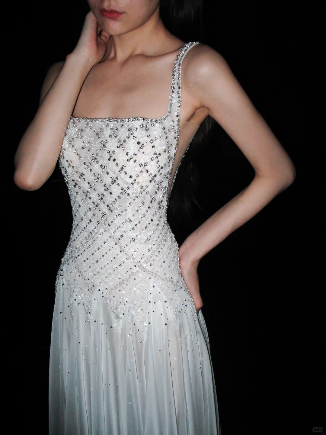 Shiny Exquisite Beaded Sequin A Line Straps White Chiffon Long Wedding Dress DP6379