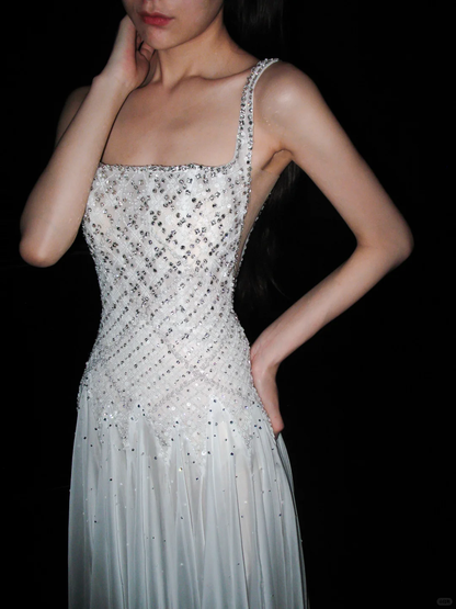 Shiny Exquisite Beaded Sequin A Line Straps White Chiffon Long Wedding Dress DP6379