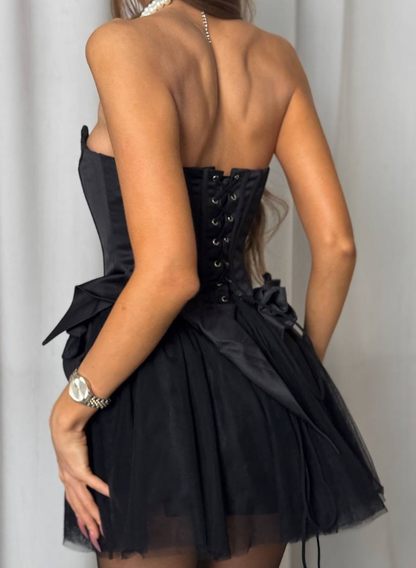 Black Strapless Short Homecoming Dress Satin Party Dress DP673