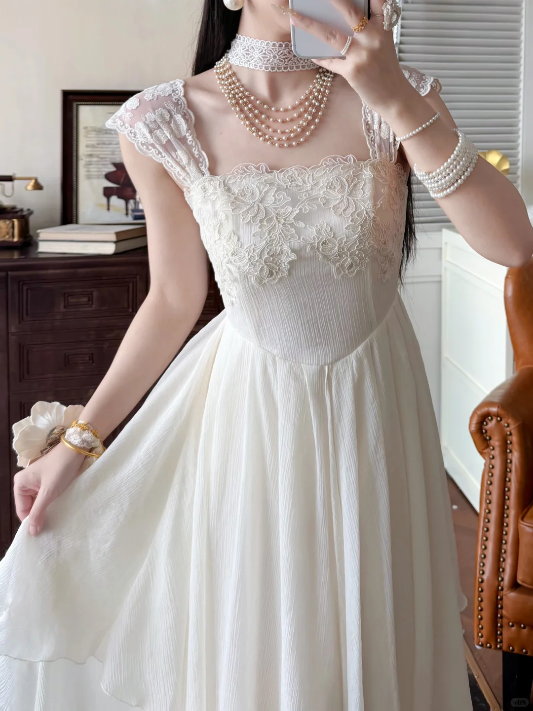 Gentle White A Line Straps Lace Chiffon Prom Dress Evening Dress DP6455