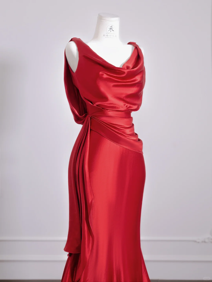 Simple Red Mermaid Straps Satin Prom Dress Wedding Guest Dress DP3879