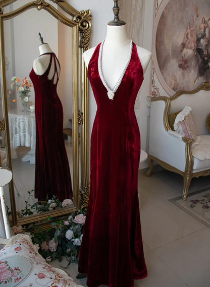 Charming Burgundy Mermaid Velvet Long Prom Dress Deep V Beaded Evening Dress DP298