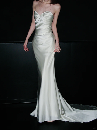 Sweety Mermaid White Satin Long Sweep Wedding Dress DP5188
