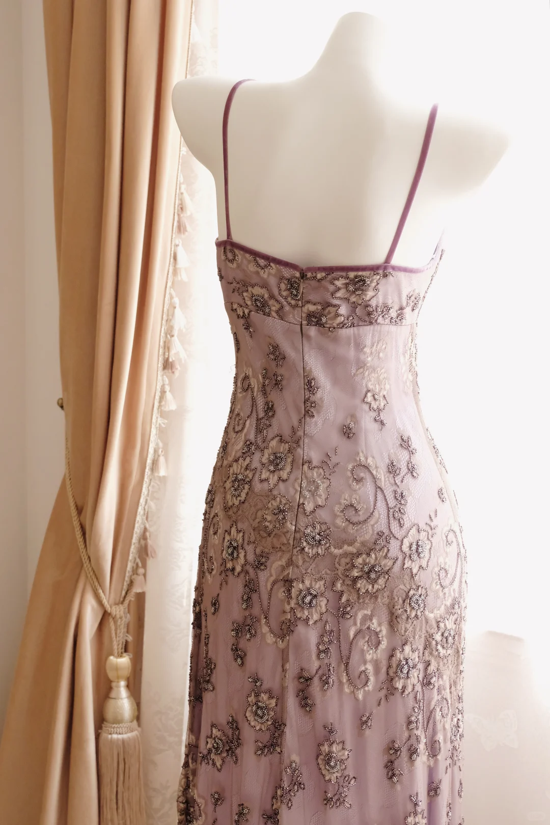 Vintage Light Purple Sheath Spaghetti Strap Beaded Tulle Prom Dress Evening Dress DP8262
