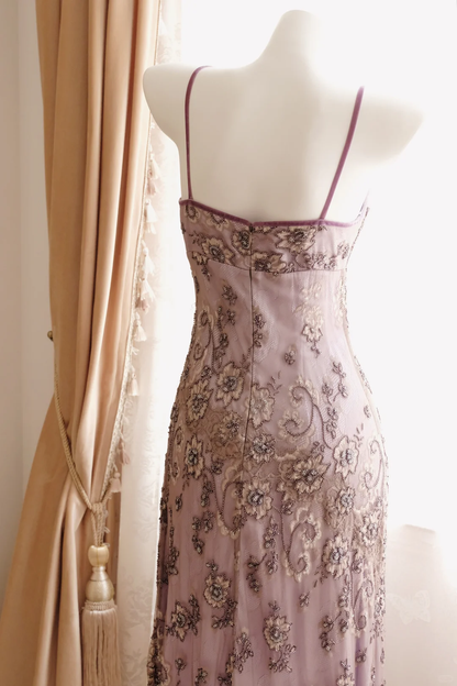 Vintage Light Purple Sheath Spaghetti Strap Beaded Tulle Prom Dress Evening Dress DP8262