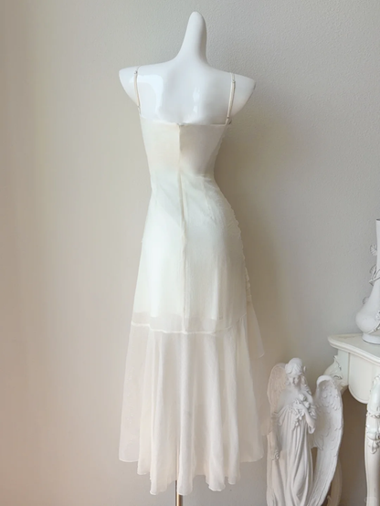 White A Line Spaghetti Strap Ruffle Pleated Chiffon Prom Dresses Outfits DP4197