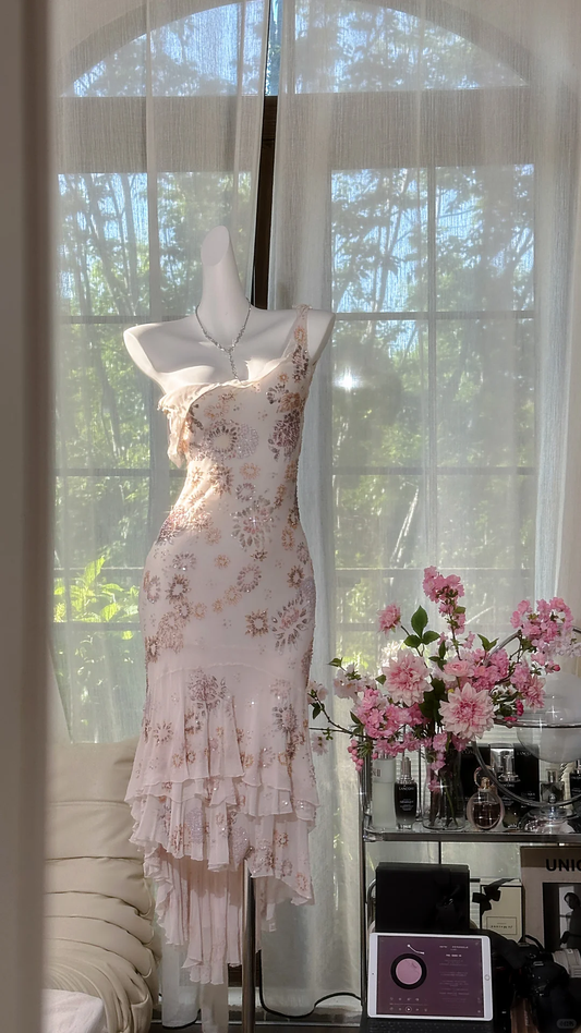 Gentle Vintage Light Apricot Sheath Beaded Layered Chiffon Tea Length Prom Dress DP4949