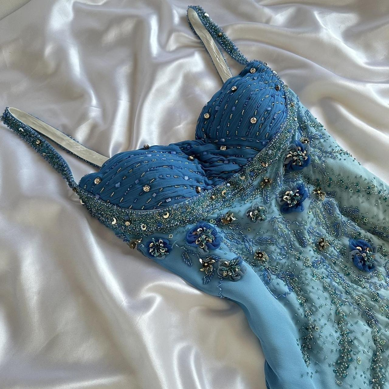 Exquisite Retro Blue Ombre Beaded Flower Chiffon Long Party Dress Date Dress DP2933