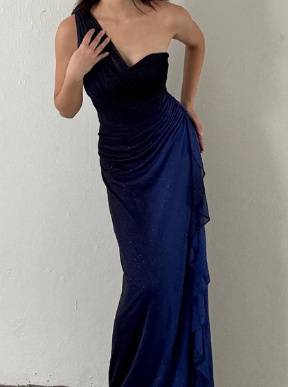 Retro Navy Blue Ombre One Shoulder Chiffon Party Dress Evening Dress DP2871