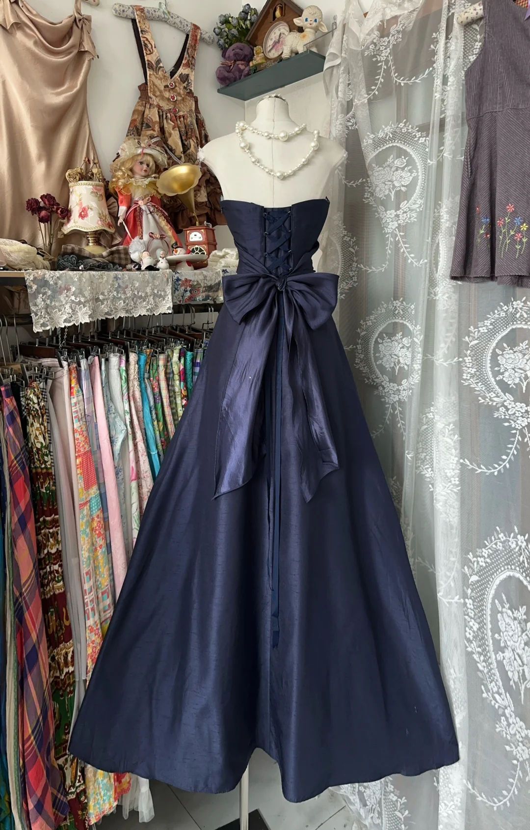 Vintage A Line Strapless Bow Navy Blue Satin Long Prom Dress DP4851