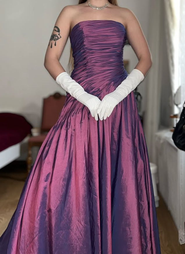 Vintage A Line Strapless Pleated Purple Satin Prom Dress Evening Dress DP5721