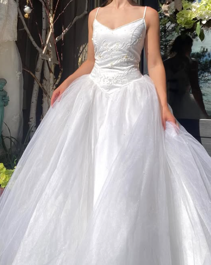 Pretty A Line Spaghetti Straps Beaded White Satin Tulle Wedding Dress Prom Dress DP5537