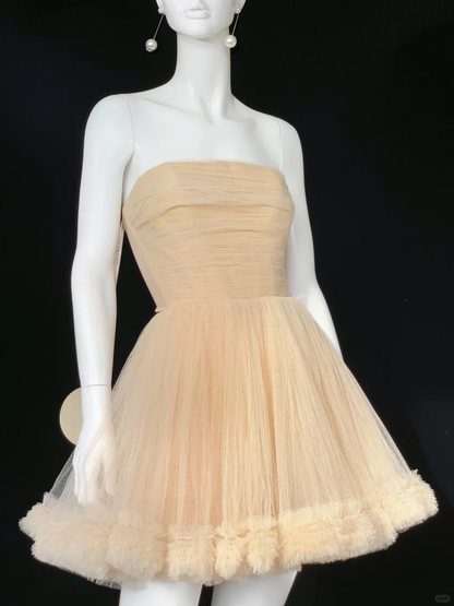 Cute A Line Strapless Apricot Tulle Short Homecoming Dress Date Dress DP4760