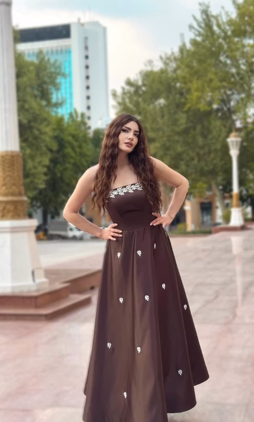 Brown A Line Strapless Shiny Beaded Satin Prom Dress Evening Dress DP5027