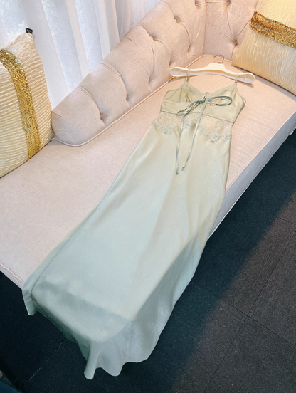 Sexy Green Mermaid Spaghetti Strap Lace Satin Prom Dress Wedding Guest Dress DP4485