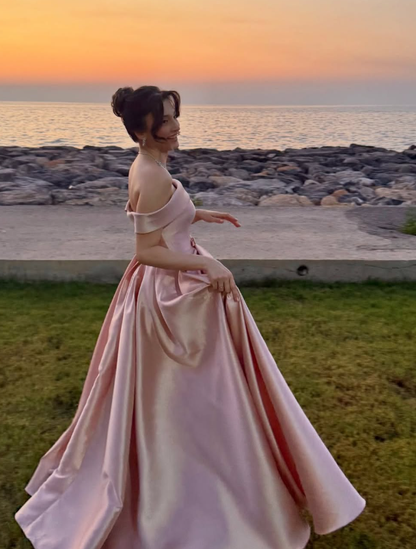 Simple A Line Off the Shoulder Pink Satin Long Prom Dress Evening Dress DP6792