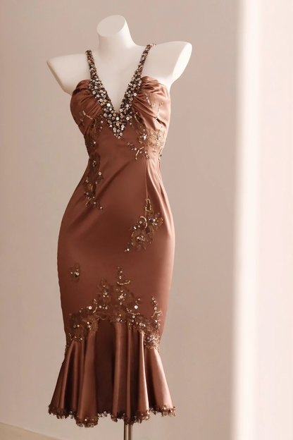 Vintage Brown Mermaid Halter Beaded Satin Short Prom Dress Homecoming Dress DP5449
