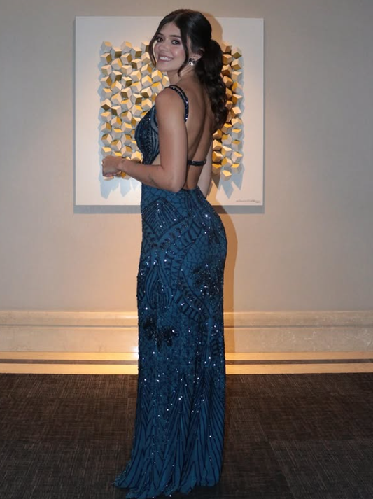 Dark Blue Sheath Spaghetti Strap Exquisite Beaded Tulle Long Prom Dress Evening Dress DP6773