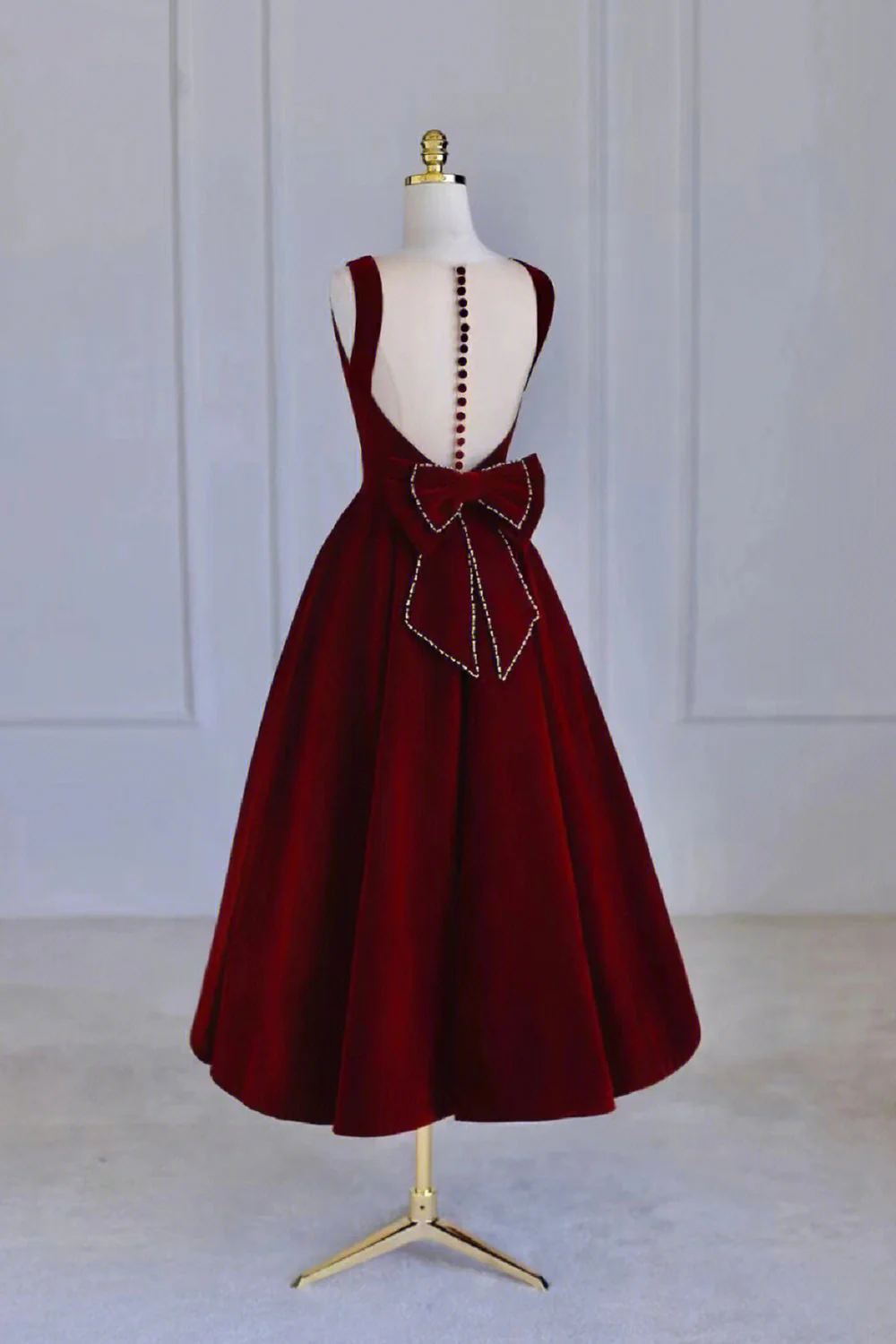 Burgundy Velvet Tea Length Prom Dress A-Line Party Dress DP407