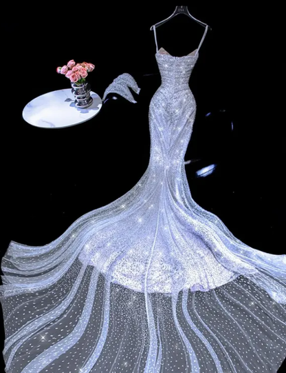 Sexy Mermaid Sweetheart Neck Beaded Tulle Long Prom Dress DP4645
