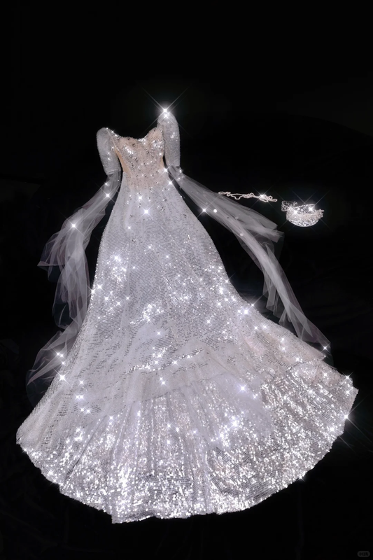Dreamy A Line Long Sleeve Silver Sequin White Tulle Long Prom Dress Evening Dress DP2863