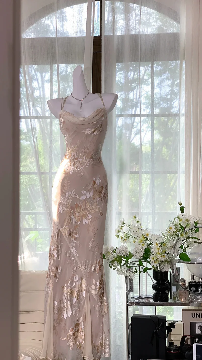 Apricot Print Floral Romantic Elegant Chiffon Long Evening Gown Birthday Gown DP2915
