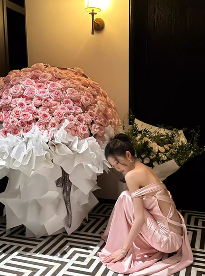 Pink A Line Off the Shoulder Satin Open Back Prom Dress Wedding Guest Dress DP4483