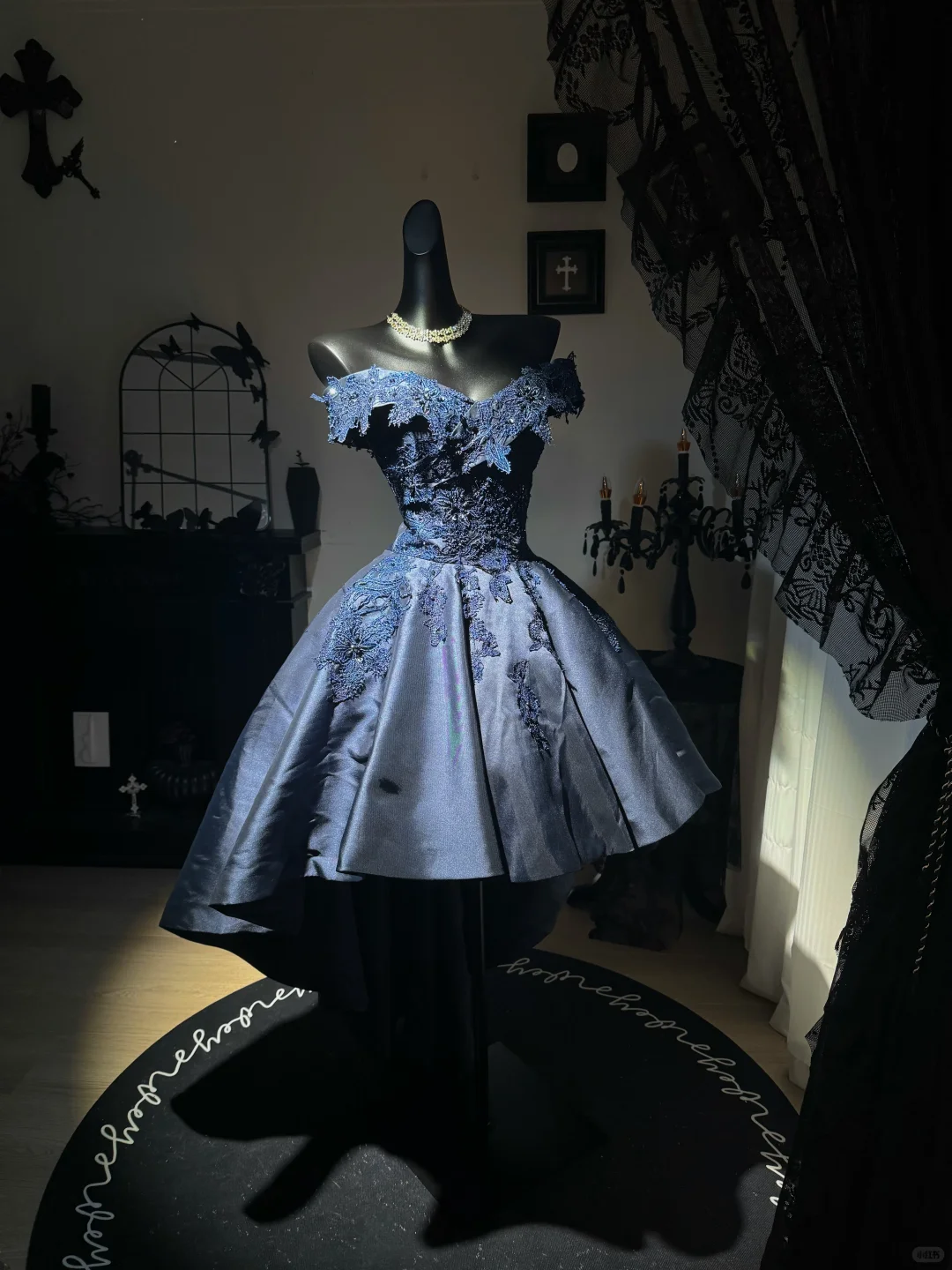 Navy Blue A Line Off the Shoulder Applique Satin Short Prom Dress Homecoming Dress DP6974