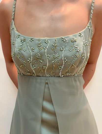 Vintage Sage Green A Line Beaded Tulle Satin Prom Dress Evening Dress Date Dress DP5277