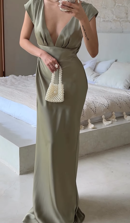 Elegant Sage Green Sheath V Neck Satin Long Prom Dress Party Dress DP4900
