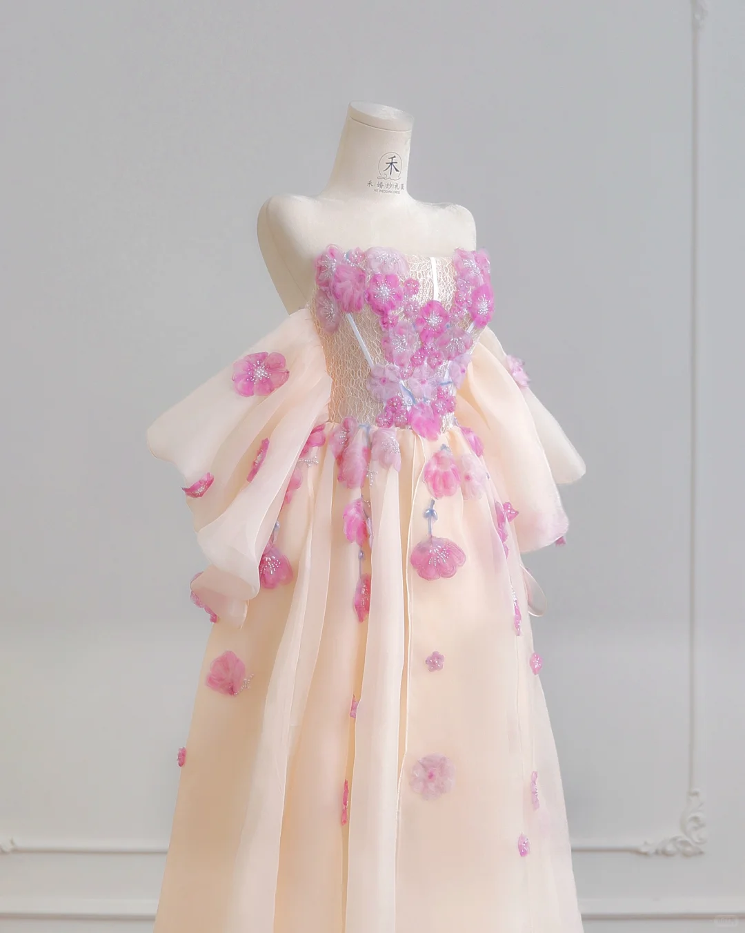 Classy A Line Strapless Pink Floral Organza Long Prom Dresses DP4181