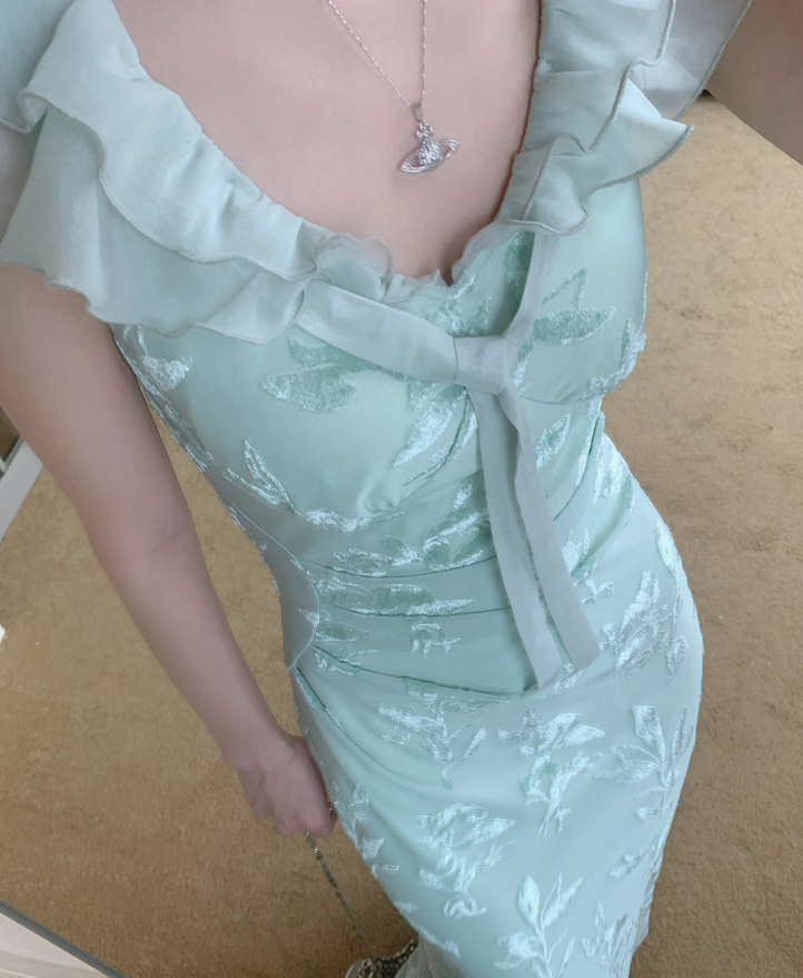 Sage Green Gentle Sheath Straps Chiffon Long Evening Dress Party Dress DP3423