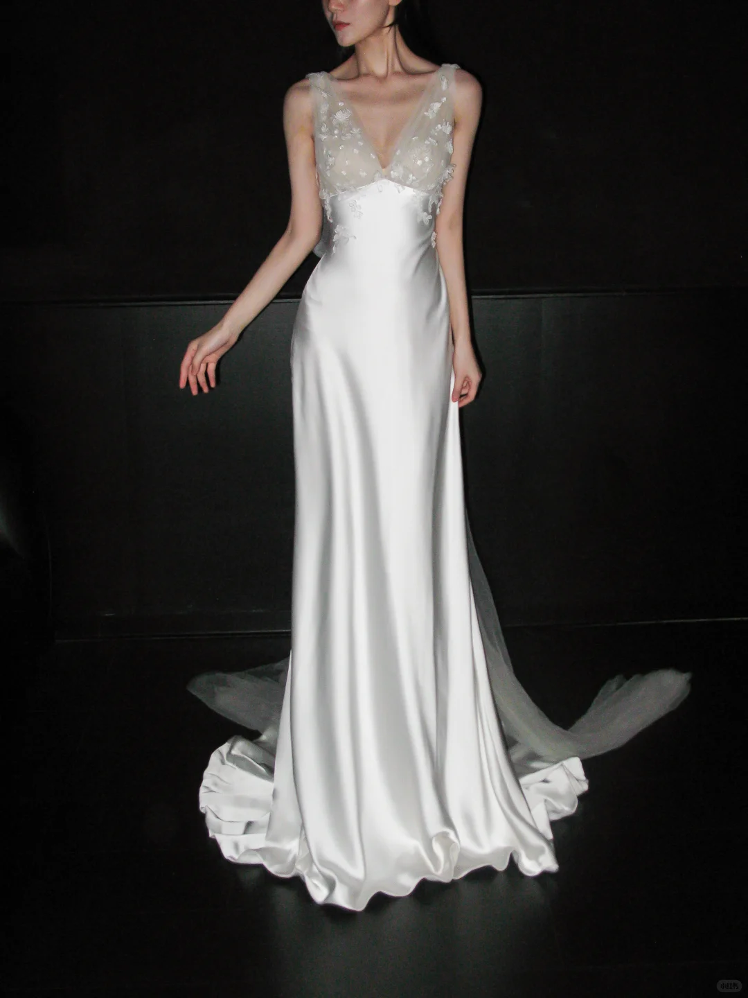 Romantic A Line V Neck 3D Floral Satin Tulle Long Wedding Dress DP5793