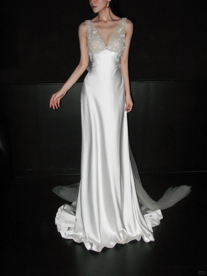 Romantic A Line V Neck 3D Floral Satin Tulle Long Wedding Dress DP5793